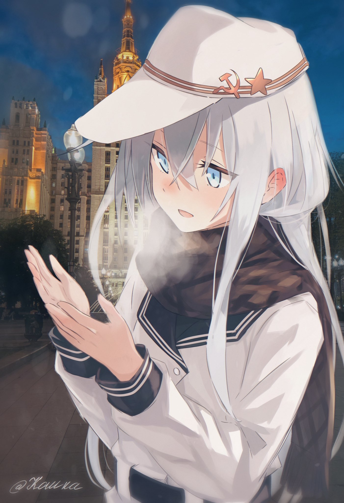 koshka pic, hibiki (kancolle), verniy (kancolle), kantai collection, commentary request, highres, 1girl, artist name, belt, black belt, black sailor collar, black scarf, blue eyes, blue sky, blush, breath, building, crossed bangs, ear blush, evening, flat cap, grey hair, hair between eyes, hammer and sickle, hands up, hat, hat ornament, jacket, long hair, long sleeves, looking at hands, open mouth, outdoors, photo background, road, sailor collar, scarf, sky, solo, star (symbol), star hat ornament, street, tree, upper body, white hat, white jacket