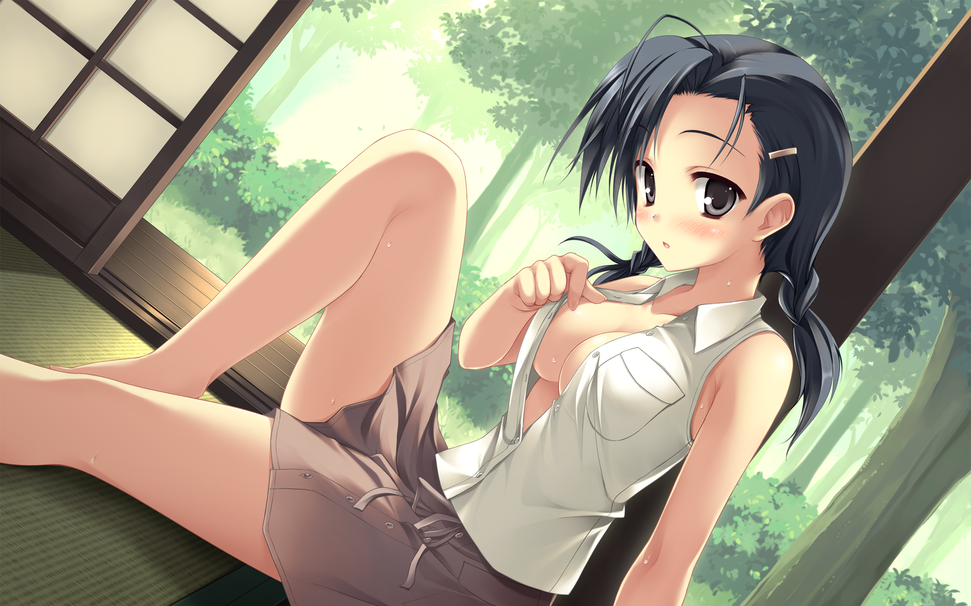 tateha (marvelous grace), kuranaga kozue, haruka na sora, yosuga no sora, highres, 1girl, :o, bare legs, barefoot, black hair, blouse, blush, braid, breasts, cleavage, collared shirt, dutch angle, female focus, hair ornament, hairclip, indoors, large breasts, looking at viewer, no bra, open clothes, open shirt, pocket, shirt, shouji, sitting, skirt, sliding doors, solo, sweat, tree, twin braids, unbuttoned, undressing, vest, white shirt, yosuganosora