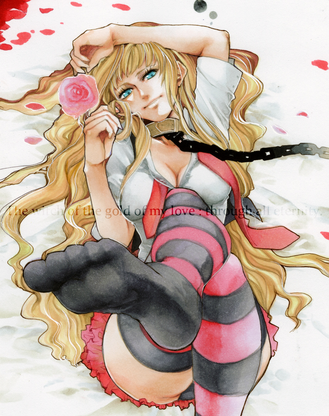 noppo, beatrice (umineko), umineko no naku koro ni, bad id, bad pixiv id, highres, 00s, 1girl, blonde hair, blue eyes, breasts, chain, cleavage, collar, english text, feet, female focus, flower, foot focus, long hair, soles, solo, striped clothes, striped thighhighs, thighhighs