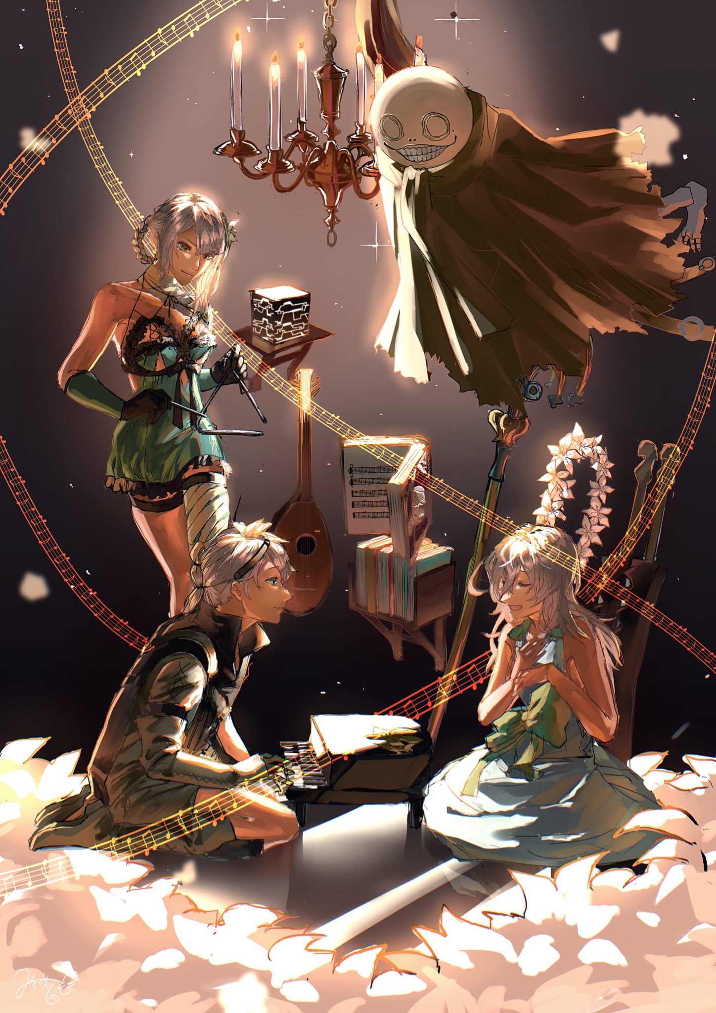 emil (nier), grimoire weiss, kaine (nier), nier (brother), nier (brother) (pre timeskip), yonah, nier (series), commentary request, highres, 2boys, 2girls, aqua dress, bandaged leg, bandages, black cloak, black hairband, black jacket, blue negligee, blue sleeves, book, braid, braided hair rings, breasts, chandelier, cloak, closed eyes, dress, flower, flower bed, grey hair, grin, hair between eyes, hair flower, hair ornament, hair rings, hairband, instrument, jacket, kneeling, lingerie, long hair, looking at another, medium breasts, miramintkurun, multiple boys, multiple girls, music, negligee, open mouth, playing instrument, playing piano, short hair, singing, single bare shoulder, smile, teeth, thigh strap, triangle (instrument), underwear, white eyes, white flower