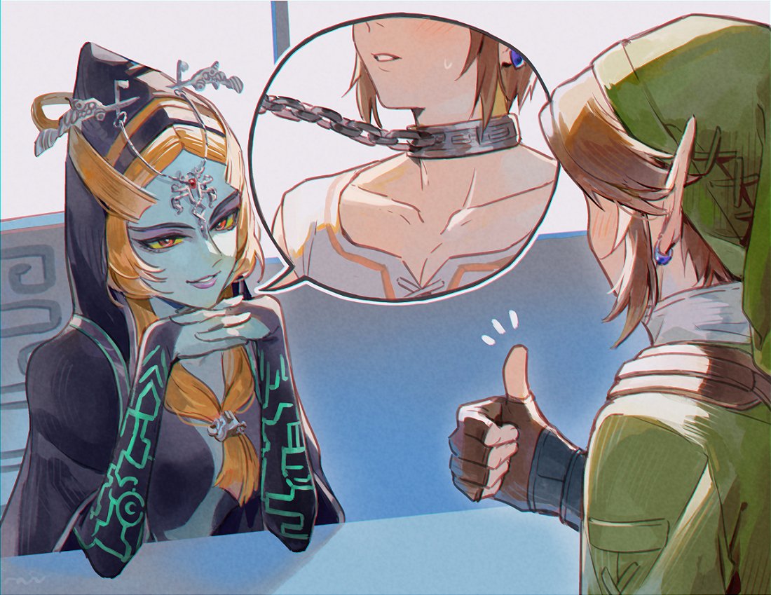 rain rkgk, link, midna, midna (true), nintendo, the legend of zelda, the legend of zelda: twilight princess, 1boy, 1girl, black skin, blonde hair, blue skin, chain, colored sclera, colored skin, eyeshadow, front ponytail, green tunic, grey skin, makeup, multicolored skin, orange hair, pointy ears, purple eyeshadow, purple lips, speech bubble, thought bubble, tunic, two-tone skin, yellow sclera