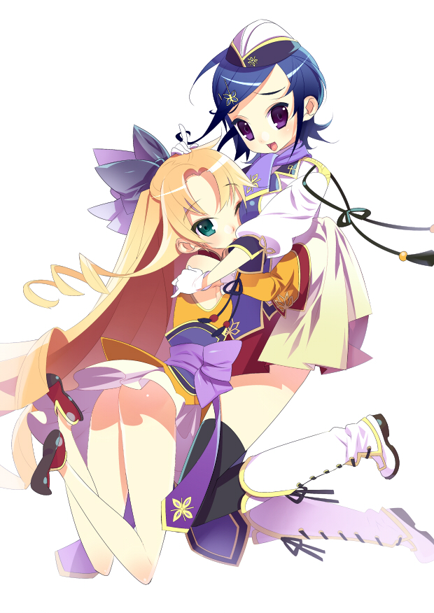 tensugi takashi, choukun (koihime musou), enjutsu (koihime musou), koihime musou, bad id, bad pixiv id, 00s, 2girls, ass, bare shoulders, blonde hair, blue hair, boots, garrison cap, green eyes, hair ornament, hair ribbon, hairclip, hat, hug, long hair, multiple girls, one eye closed, purple eyes, ribbon, scarf, short hair, skirt, wink