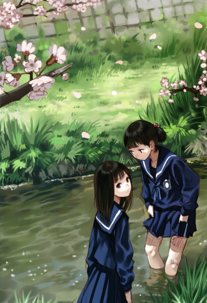 kishida mel, 2girls, black hair, blunt bangs, blurry, cherry blossoms, clothes lift, depth of field, flower, hair bun, knees, long hair, multiple girls, nature, outdoors, pleated skirt, river, sailor collar, school uniform, serafuku, short hair, skirt, skirt hold, skirt lift, water