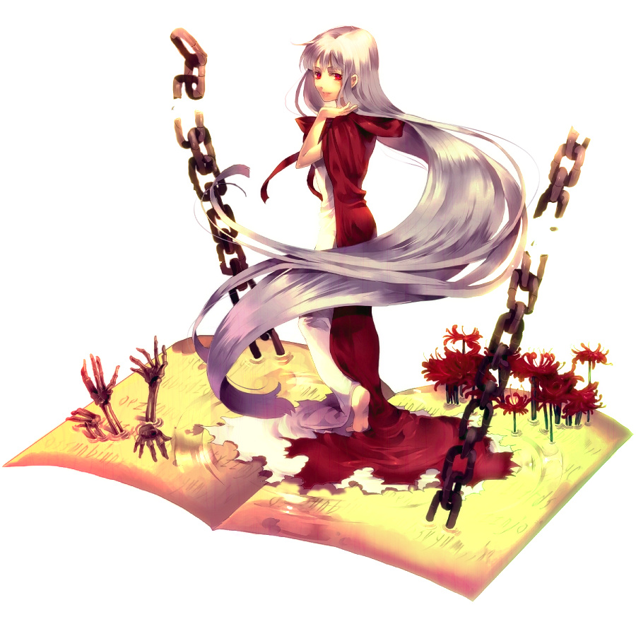 sunakumo, lafrenze, elysion, sound horizon, silver hair, albino, barefoot, book, chain, dress, flower, long hair, red eyes, red flower, solo, spider lily, very long hair