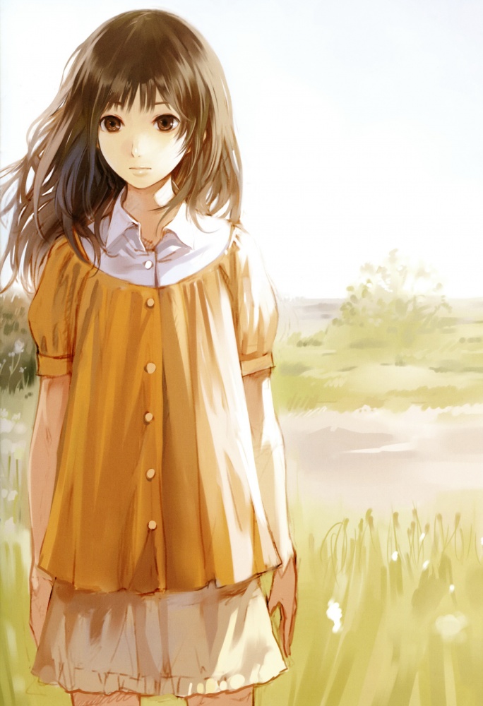kishida mel, original, source request, traditional media, 1girl, brown eyes, brown hair, buttons, collar, female focus, long hair, shorts, solo, standing, yellow eyes