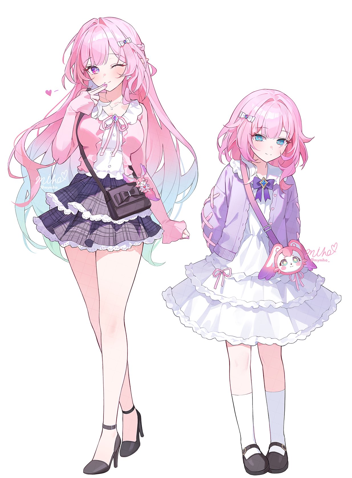 miho (mymiho), cyrene (honkai: star rail), cyrene (philia093) (honkai: star rail), mem (honkai: star rail), honkai: star rail, honkai (series), commentary request, highres, revision, 2girls, alternate costume, aqua hair, bag charm, black shoes, blue eyes, blue hair, blush, bow, bowtie, breasts, cardigan, character bag, charm (object), closed mouth, cyrene (demiurge) (honkai: star rail), diamond-shaped pupils, diamond (shape), dress, dual persona, earrings, finger to mouth, full body, gradient hair, hair bow, hair intakes, heart, high heels, jewelry, large breasts, layered skirt, long sleeves, looking at viewer, medium hair, multicolored hair, multiple girls, one eye closed, open cardigan, open clothes, pink hair, pink nails, pink ribbon, pink shirt, pointy ears, purple bow, purple bowtie, purple cardigan, purple eyes, purple skirt, ribbon, shirt, shoes, sidelocks, signature, simple background, skirt, smile, socks, standing, symbol-shaped pupils, twitter username, white background, white bow, white dress, white socks