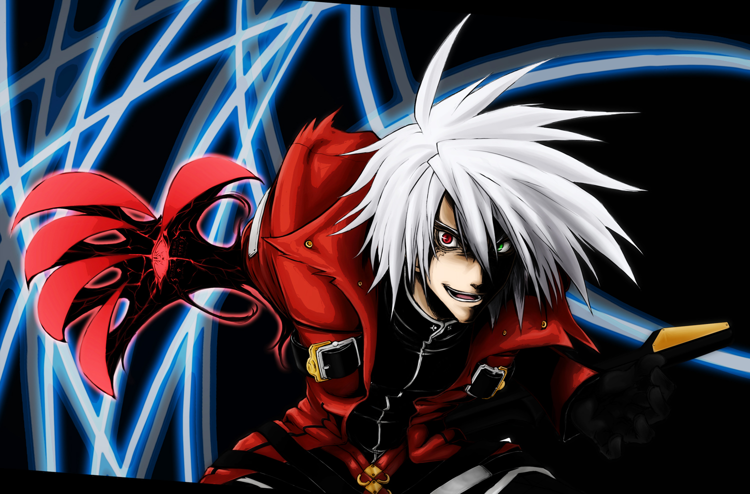tansan otoko, ragna the bloodedge, arc system works, blazblue, silver hair, 1boy, gloves, hakama, hakama skirt, heterochromia, japanese clothes, male focus, skirt, smile, solo