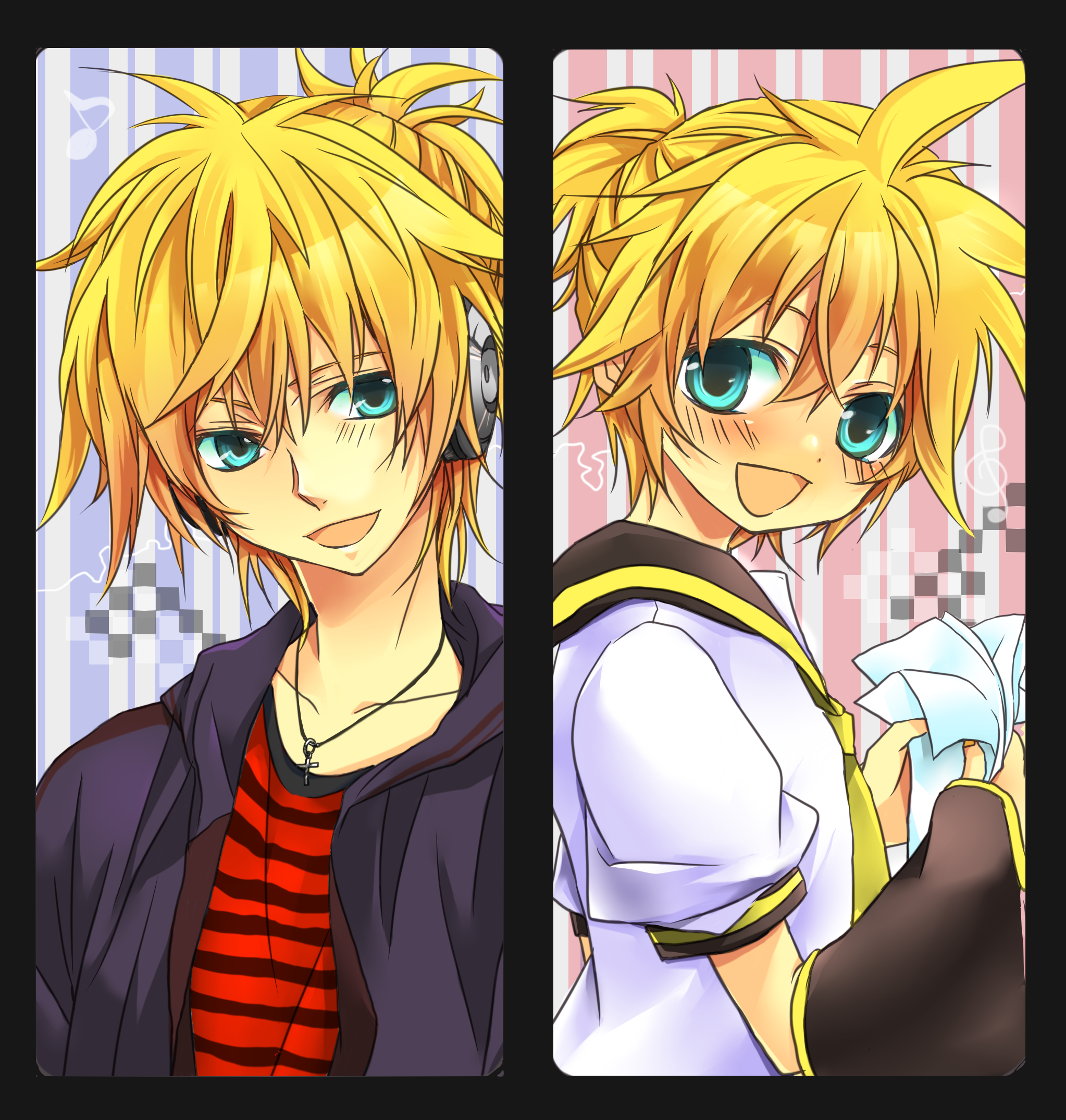 teito (0w0kuma), kagamine len, vocaloid, bad id, bad pixiv id, highres, 1boy, aged up, aqua eyes, blonde hair, casual, child, headphones, jewelry, male focus, necklace, necktie, short hair, smile, solo