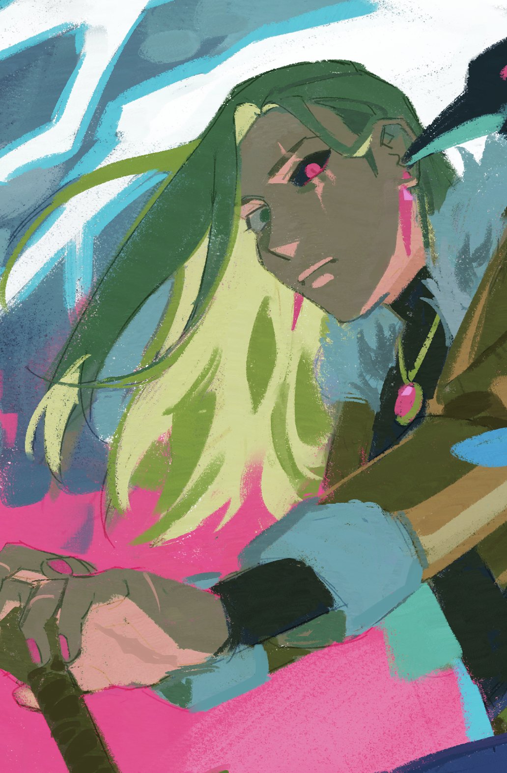 nemomosso, omniscient reader's viewpoint, character request, check character, commentary, english commentary, highres, 1girl, anna croft, bird, black sclera, blonde hair, colored sclera, crow, earrings, from below, fur collar, green eyes, heterochromia, holding, holding staff, jewelry, leaning forward, lightning, long hair, looking at viewer, pendant, pink eyes, scar, scar across eye, scar on face, staff, underlighting, upper body