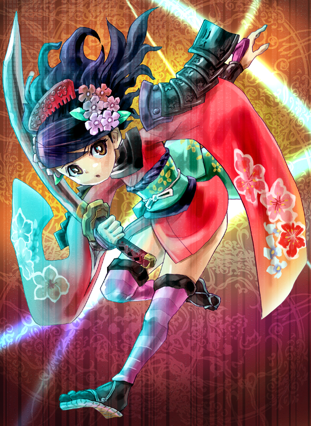 matsumoto eight, momohime, oboro muramasa, 1girl, armor, black hair, brown eyes, comb, female focus, floral print, flower, gauntlets, hair flower, hair ornament, holding, holding sword, holding weapon, japanese armor, japanese clothes, katana, kimono, ponytail, sandals, short kimono, shoulder armor, sode, solo, striped clothes, striped thighhighs, sword, thighhighs, weapon