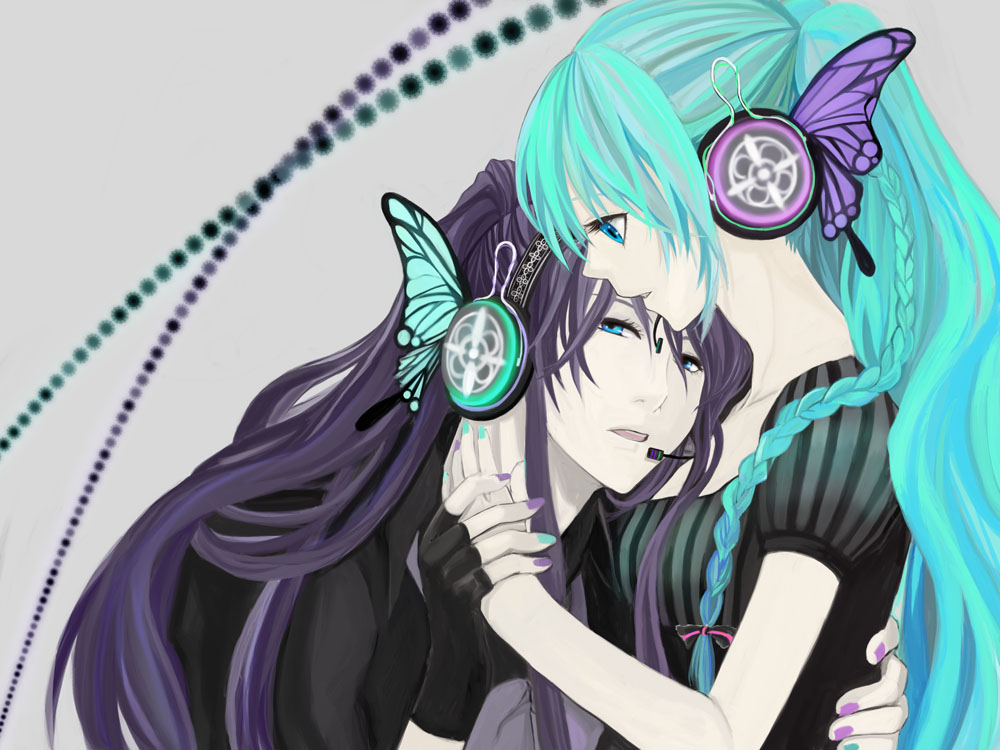 honoka (pandatype), honoka (pixiv130846), hatsune miku, kamui gakupo, magnet (vocaloid), vocaloid, bad id, bad pixiv id, 1boy, 1girl, aqua hair, aqua nails, blue eyes, butterfly hair ornament, butterfly wings, couple, fingerless gloves, gloves, hair ornament, headphones, headset, hetero, hug, insect wings, long hair, nail polish, ponytail, purple hair, purple nails, twintails, wings