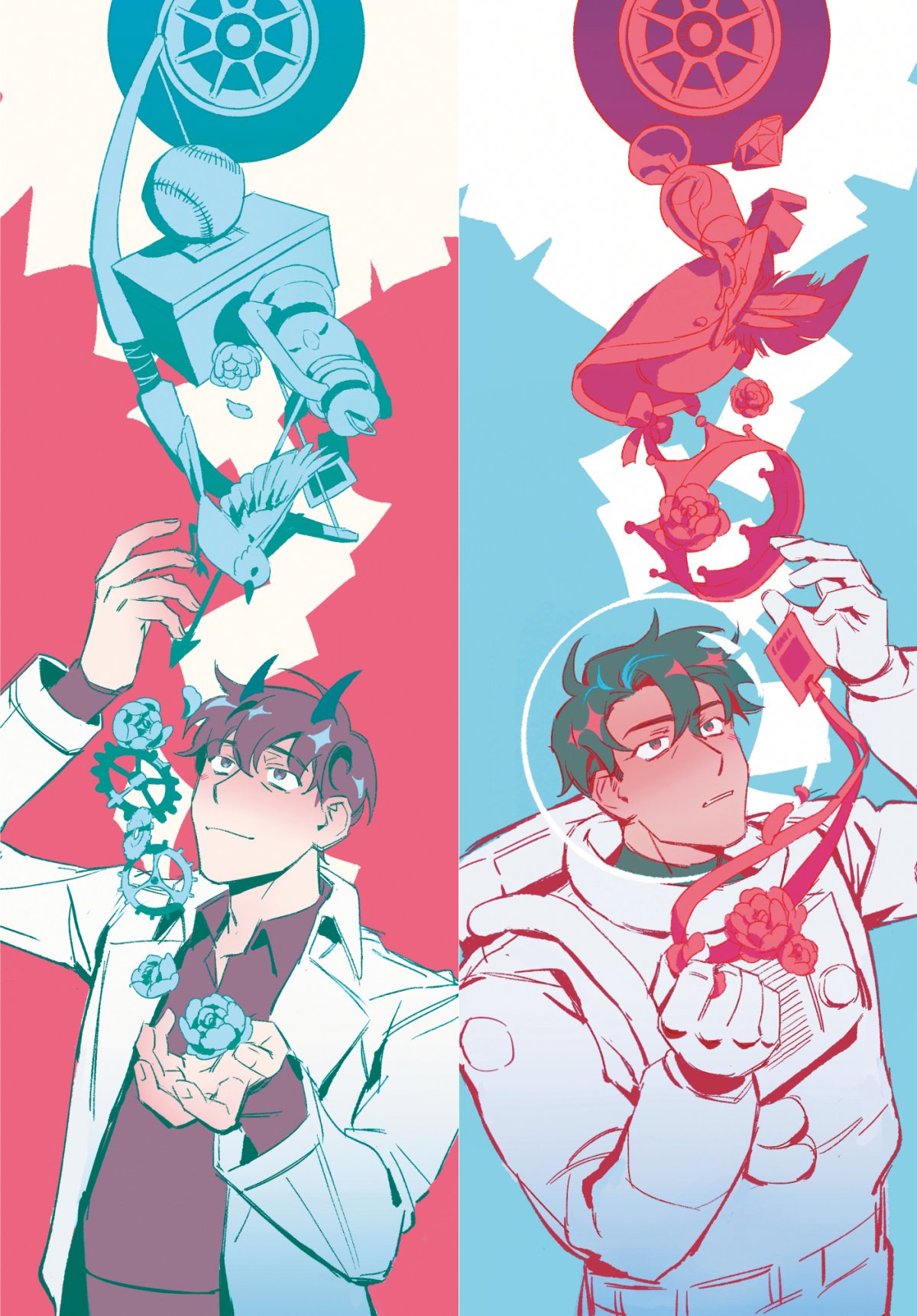 nemomosso, kim dokja, yoo joonghyuk, omniscient reader's viewpoint, commentary, english commentary, highres, 2boys, astronaut, baseball, bird, black shirt, box, coat, collared shirt, column lineup, crown, demon horns, diamond (gemstone), dove, falling paper, film reel, flower, gears, hands up, hat, helmet, horns, id card, lantern, lava lamp, limited palette, movie projector, multiple boys, official alternate costume, open clothes, open coat, rose, shirt, smile, space helmet, spacesuit, upper body, white coat