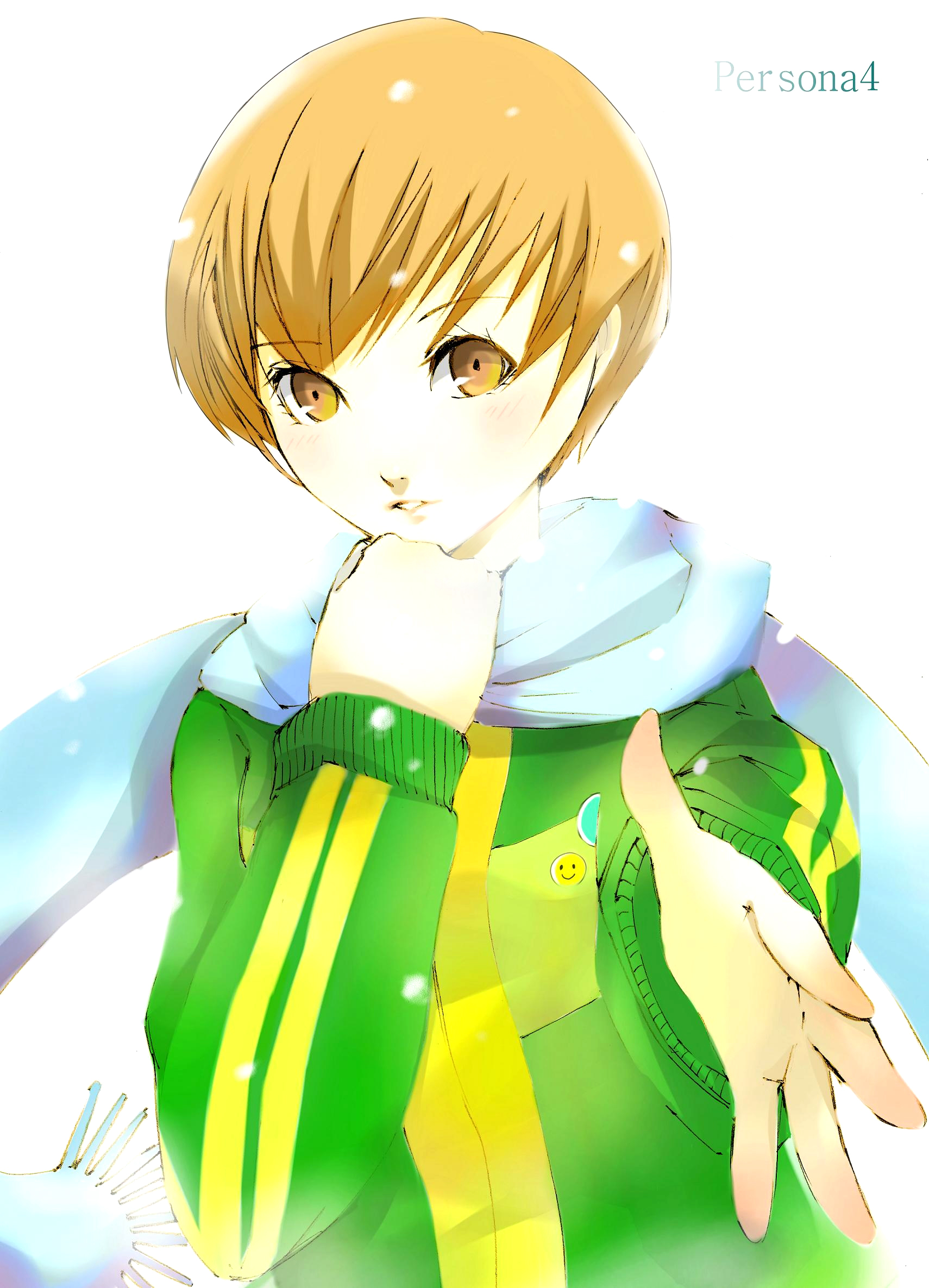 tate (donnguriumai), tate (pixiv126212), satonaka chie, atlus, persona, persona 4, bad id, bad pixiv id, highres, 1girl, blush, brown eyes, brown hair, female focus, jacket, lapel pin, pin, reaching, reaching towards viewer, scarf, short hair, solo, track jacket, white scarf