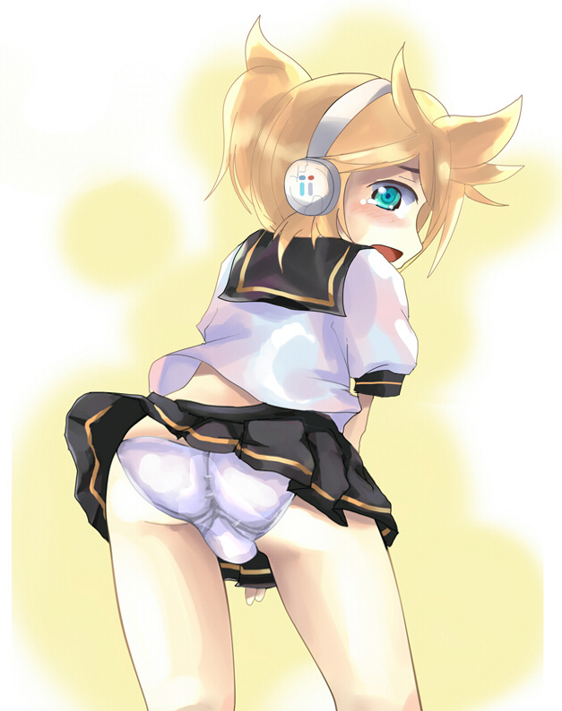 comord, komoodo, kagamine len, vocaloid, bad id, bad pixiv id, 1boy, aqua eyes, ass, blonde hair, blush, bulge, crossdressing, crossdressing (mtf), embarrassed, headphones, looking back, male focus, panties, short hair, skirt, solo, tears, trap, underwear, upskirt, white panties