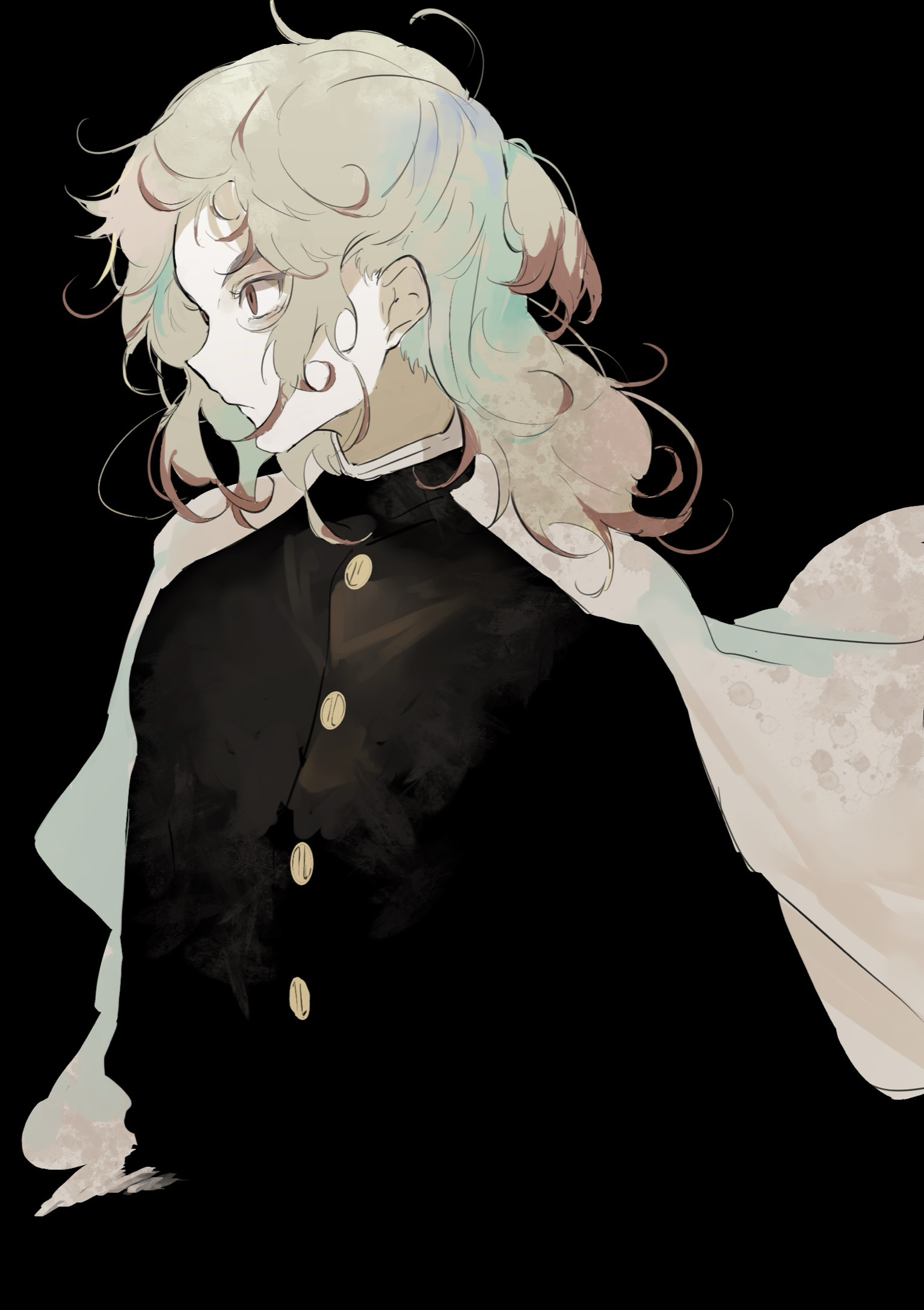 tokoame, rengoku kyoujurou, kimetsu no yaiba, commentary request, highres, 1boy, black background, blending, buttons, closed mouth, expressionless, eyelashes, long hair, long sleeves, looking ahead, male focus, messy hair, simple background, solo, upper body