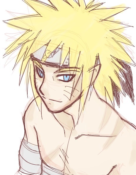 uzumaki naruto, naruto (classic), naruto (series), artist request, 1boy, aged up, bandages, blonde hair, blue eyes, headband, male focus, simple background, sketch, solo