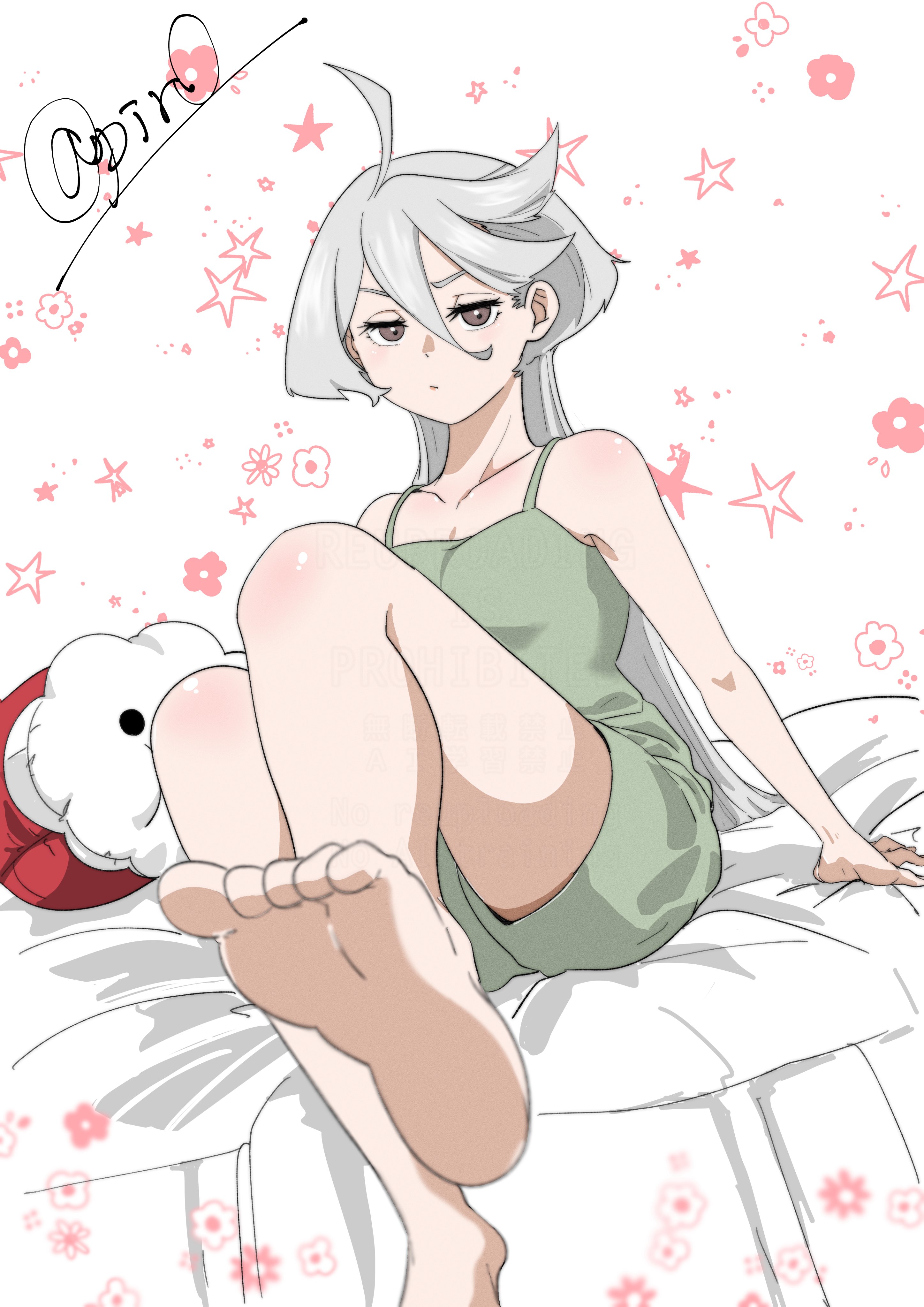 715piro gon, hots (gundam suisei no majo), miorine rembran, gundam, gundam suisei no majo, absurdres, highres, 1girl, barefoot, camisole, feet, green camisole, grey eyes, grey hair, grey shorts, long hair, looking at viewer, shorts, sitting, soles, solo, toes, white background