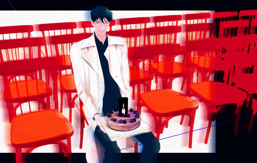 kim dokja, omniscient reader's viewpoint, commentary request, 1boy, black hair, black shirt, cake, candle, coat, collared shirt, feet out of frame, food, grin, holding, holding plate, letterboxed, lonely, looking at viewer, male focus, open clothes, open coat, outside border, plate, shirt, short hair, sitting, smile, solo, tix 0314, white coat