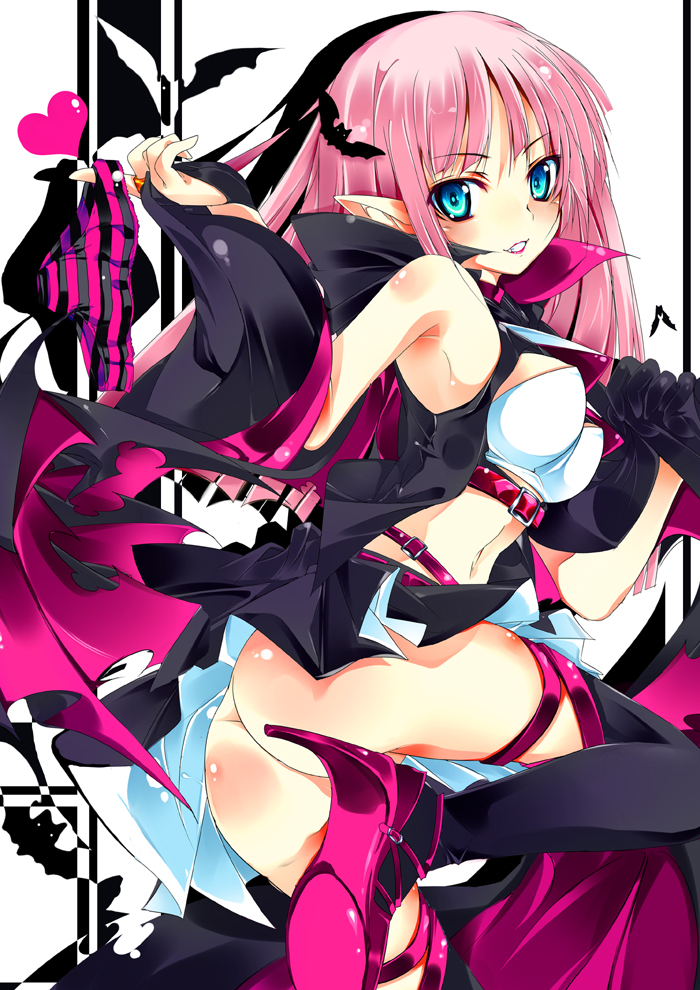 shirokitsune, bad id, bad pixiv id, 1girl, ass, bat (animal), blue eyes, demon girl, female focus, gloves, heart, high heels, holding, holding panties, holding underwear, holding unworn clothes, long hair, looking back, navel, panties, pink hair, pointy ears, shoes, solo, striped clothes, striped panties, thighhighs, torn clothes, underwear