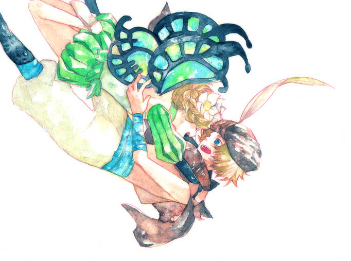 rina (michishirube), rina (pixiv), ingway (odin sphere), mercedes (odin sphere), odin sphere, 1boy, 1girl, blonde hair, blue eyes, braid, butterfly wings, choker, couple, fairy, flower, hair flower, hair ornament, hat, hat feather, hetero, hug, insect wings, puff and slash sleeves, puffy shorts, puffy sleeves, scarf, short hair, shorts, topless female, turban, wings