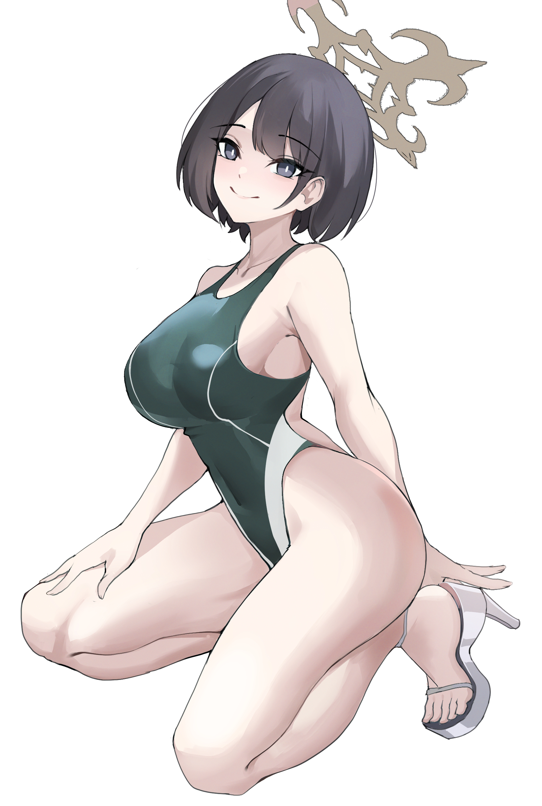 kurochomo, hiromi (blue archive), blue archive, absurdres, commentary request, highres, 1girl, alternate costume, ass, breasts, brown halo, competition swimsuit, from side, full body, halo, highleg, highleg one-piece swimsuit, kneeling, large breasts, looking at viewer, one-piece swimsuit, sandals, short hair, smile, solo, swimsuit, white background