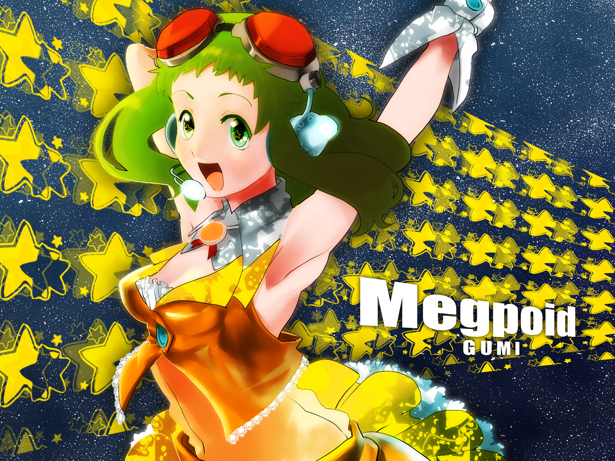 agata no michi, gumi, vocaloid, highres, + +, 1girl, armpits, arms up, female focus, goggles, green eyes, green hair, headphones, headset, matching hair/eyes, open mouth, red-tinted eyewear, short hair, smile, solo, star (symbol), tinted eyewear, wrist cuffs
