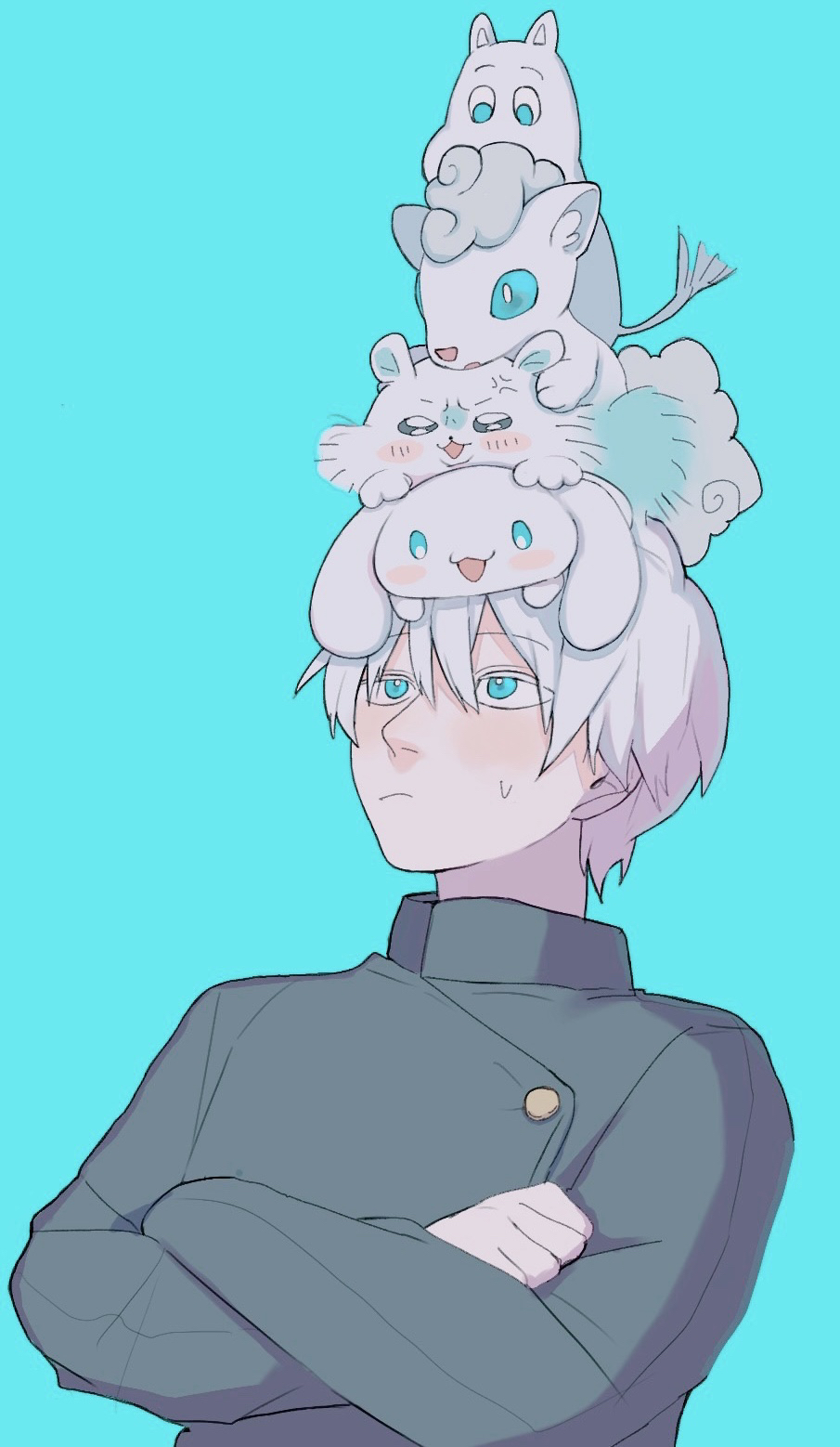 tokoame, alolan vulpix, cinnamoroll, gojou satoru, momonga (chiikawa), chiikawa, fuwa fuwa cinnamoroll, jujutsu kaisen, moomin, nintendo, pokemon, sanrio, commentary request, highres, 1boy, alolan form, blue background, blue eyes, blush, color connection, crossed arms, crossover, frown, gen 7 pokemon, hair between eyes, long sleeves, male focus, on head, pokemon (creature), short hair, upper body, white hair