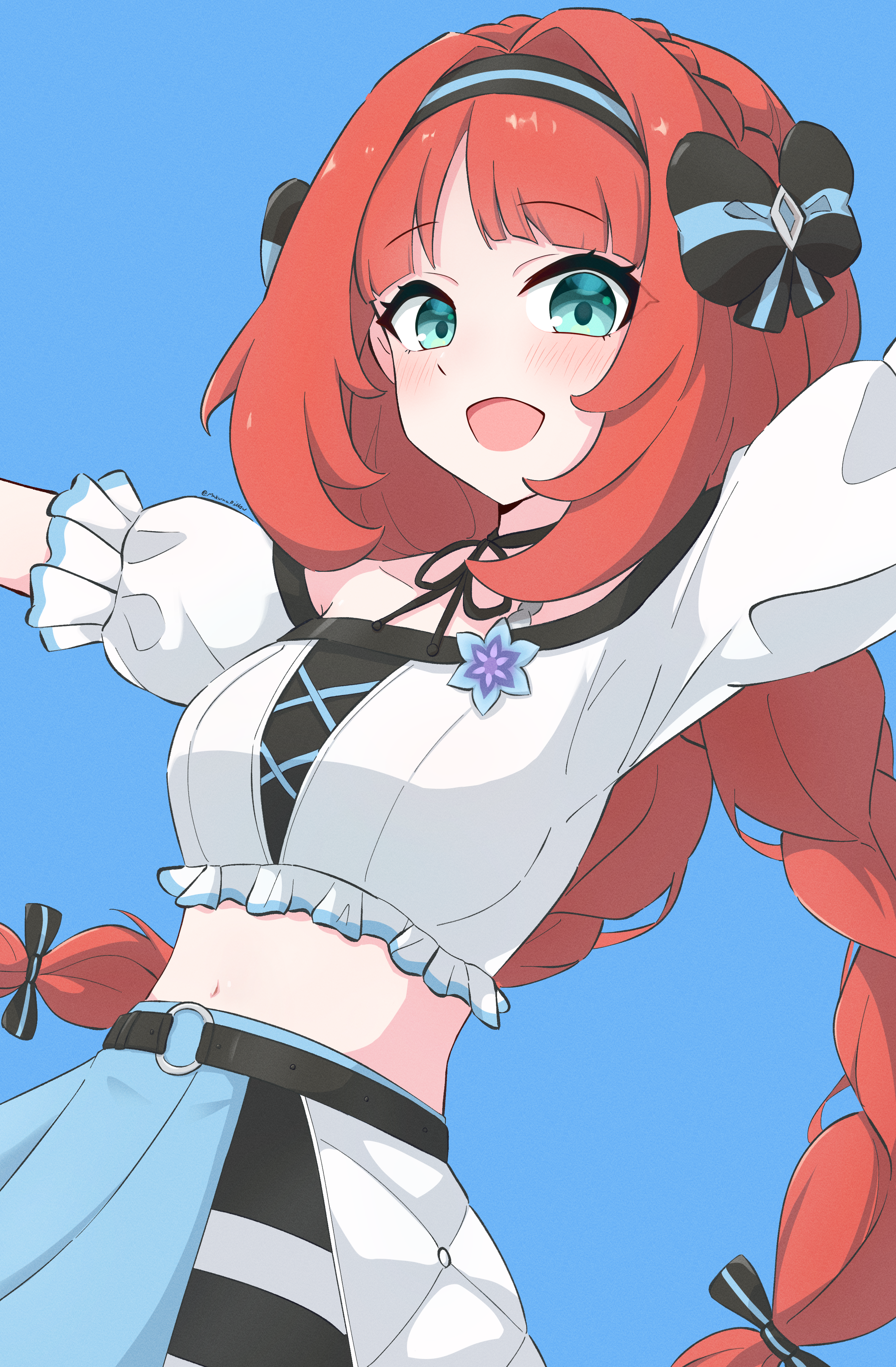 makuraapillow, nilou (flame fusion) (genshin impact), nilou (genshin impact), genshin impact, absurdres, commentary request, highres, 1girl, aqua eyes, black bow, black hairband, blue background, blue skirt, bow, breasts, cowboy shot, crop top, hair bow, hairband, long hair, looking at viewer, low twintails, midriff, navel, open mouth, outstretched arms, red hair, shirt, simple background, skirt, small breasts, smile, solo, spread arms, twintails, white shirt