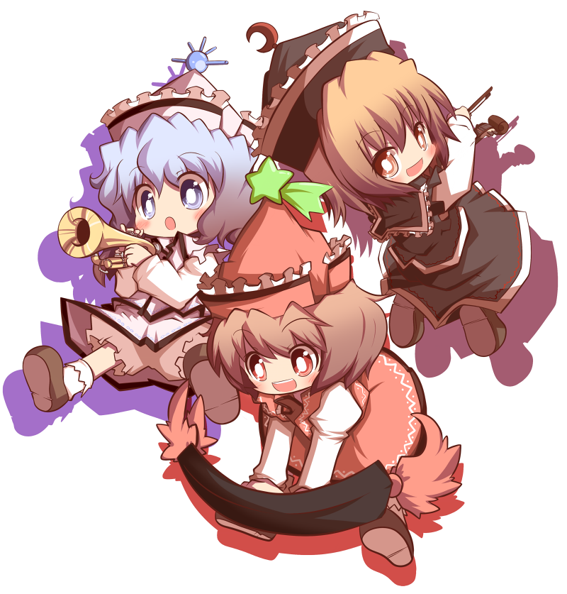 mori no kaeru, lunasa prismriver, lyrica prismriver, merlin prismriver, touhou, 3girls, blonde hair, blue eyes, blue hair, brown hair, female focus, hat, instrument, keyboard, keyboard (instrument), multiple girls, red eyes, siblings, sisters, trumpet, violin, yellow eyes