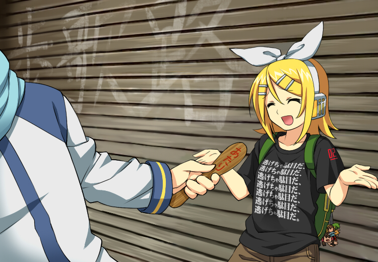 aisora, hakurei reimu, kagamine rin, kaito (vocaloid), mario, suzumiya haruhi, mario (series), neon genesis evangelion, nintendo, suzumiya haruhi no yuuutsu, touhou, vocaloid, translation request, 1boy, 1girl, bag, blonde hair, casual, clothes writing, hair ornament, hair ribbon, hairclip, parody, ribbon, shirt, short hair, smile, yukkuri shiteitte ne