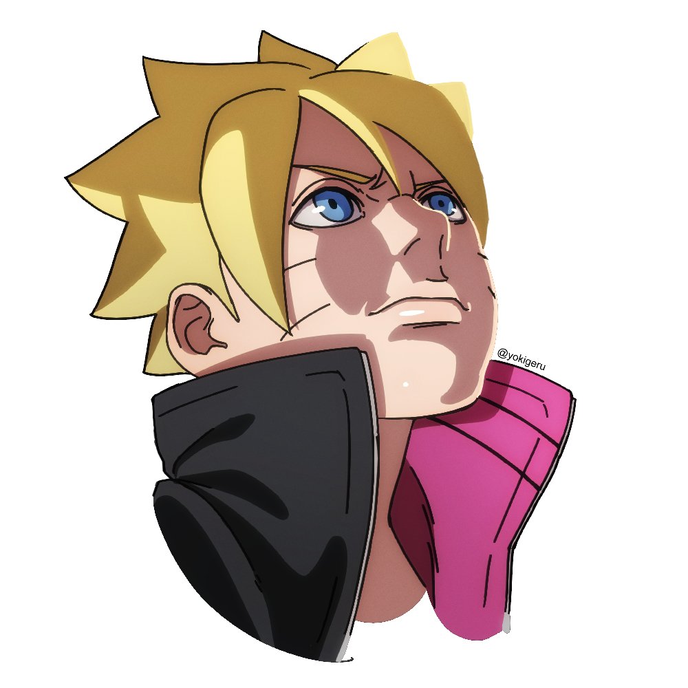 uzumaki boruto, boruto: naruto next generations, naruto (series), 1boy, blonde hair, blue eyes, facial mark, light smile, looking up, male focus, portrait, profile, solo, twitter username, whisker markings, yokigeru