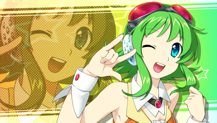aisora, gumi, vocaloid, 00s, 1girl, female focus, goggles, goggles on head, green eyes, green hair, headphones, m/, matching hair/eyes, one eye closed, red-tinted eyewear, short hair, smile, solo, tinted eyewear, upper body, wink, wrist cuffs