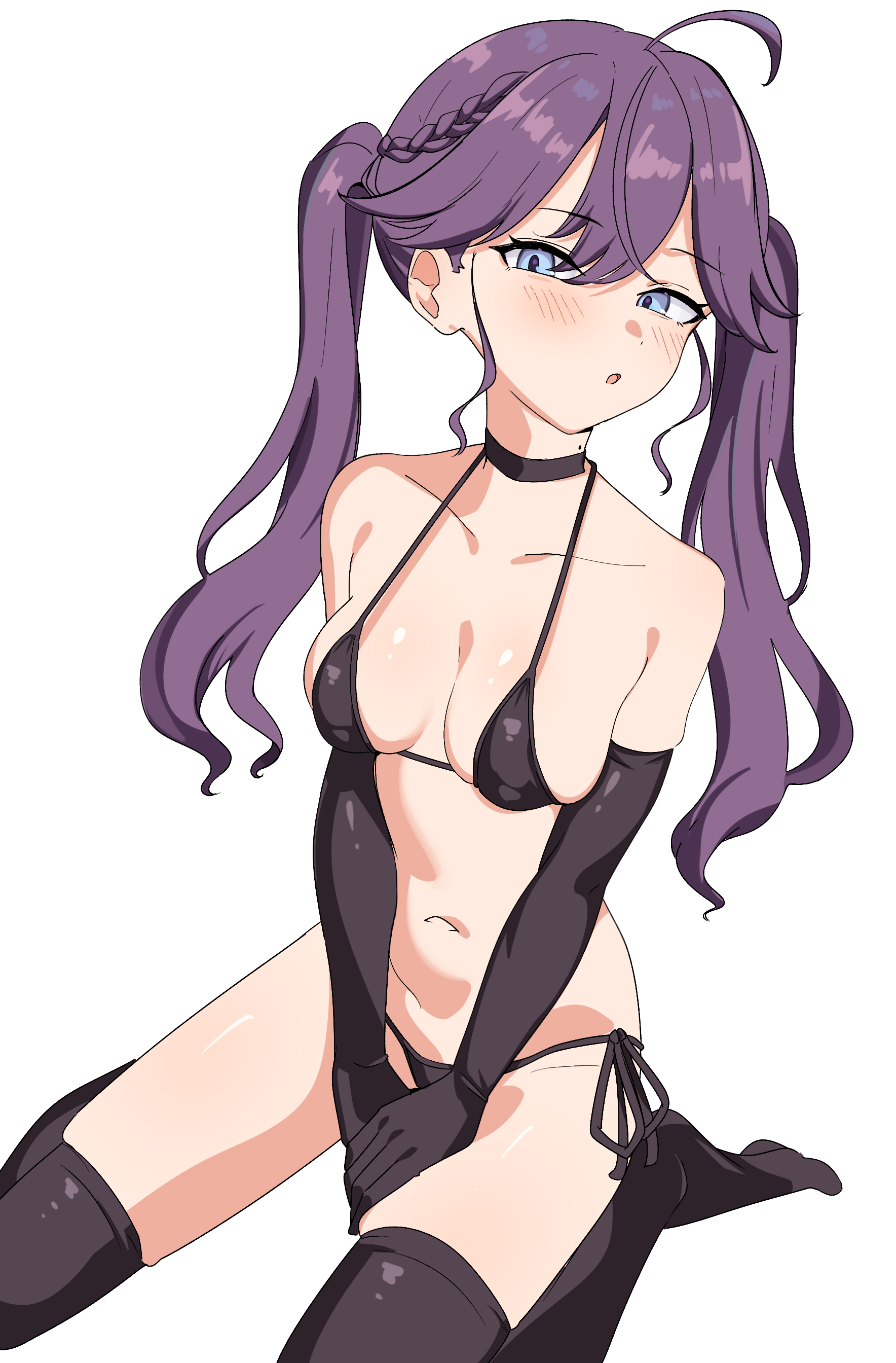 seihekiog, kaya rinha, gakuen idolmaster, idolmaster, absurdres, commentary request, highres, paid reward available, 1girl, :o, bikini, black bikini, black choker, black gloves, black thighhighs, blue eyes, blush, breasts, choker, elbow gloves, gloves, long hair, looking at viewer, medium breasts, navel, open mouth, purple hair, side-tie bikini bottom, simple background, sitting, solo, swimsuit, thighhighs, thighs, twintails, wariza, white background