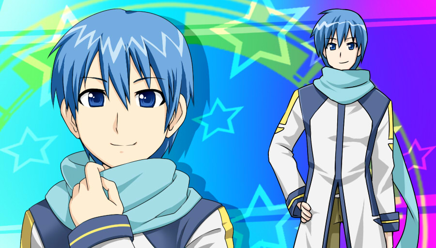 aisora, kaito (vocaloid), vocaloid, 1boy, blue eyes, blue hair, blue scarf, male focus, matching hair/eyes, scarf, short hair, smile, solo