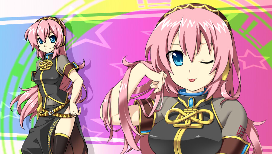 aisora, megurine luka, vocaloid, 1girl, :p, ;p, adjusting hair, armband, belt, blue eyes, blue gemstone, breasts, brooch, covered navel, female focus, gem, hair between eyes, headphones, jewelry, large breasts, long hair, long skirt, looking at viewer, multiple belts, multiple views, one eye closed, pink hair, see-through clothes, side slit, skirt, smile, standing, star (symbol), tattoo, thighhighs, tongue, tongue out, upper body, wink