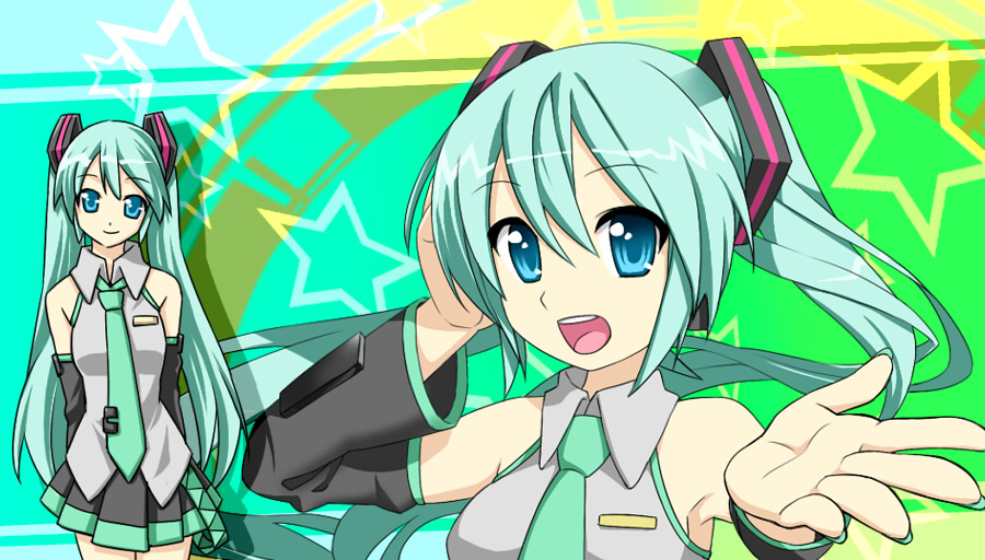 aisora, hatsune miku, vocaloid, 1girl, aqua eyes, aqua hair, detached sleeves, female focus, headphones, headset, long hair, necktie, skirt, smile, solo, twintails