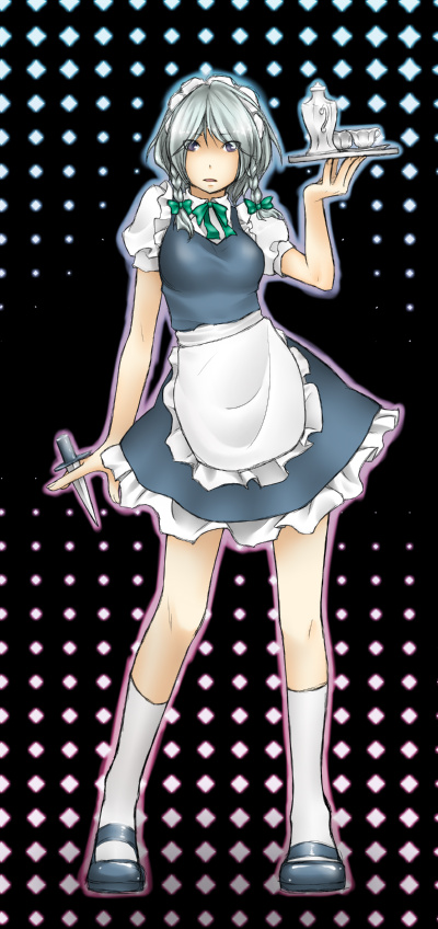 meri (artist), izayoi sakuya, touhou, silver hair, bad id, bad pixiv id, 2girls, blue eyes, braid, female focus, full body, knife, maid, multiple girls, short hair, solo, throwing knife, twin braids, weapon