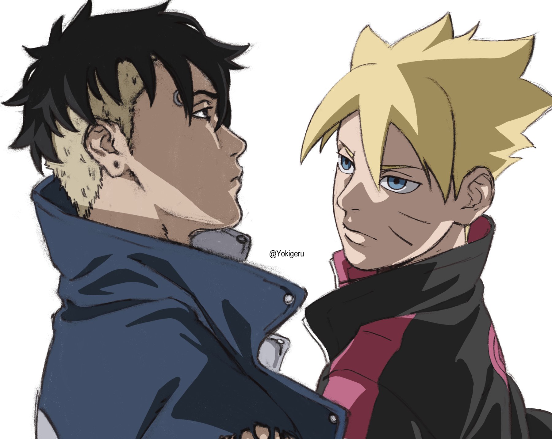 kawaki (boruto), uzumaki boruto, boruto: naruto next generations, naruto (series), commentary request, highres, 2boys, adoptive siblings, black hair, black jacket, blonde hair, blue eyes, brothers, eyebrow piercing, face piercing, frown, jacket, male focus, multicolored hair, multiple boys, piercing, siblings, spanish commentary, torn clothes, torn sleeves, twitter username, two-tone hair, undercut, yokigeru