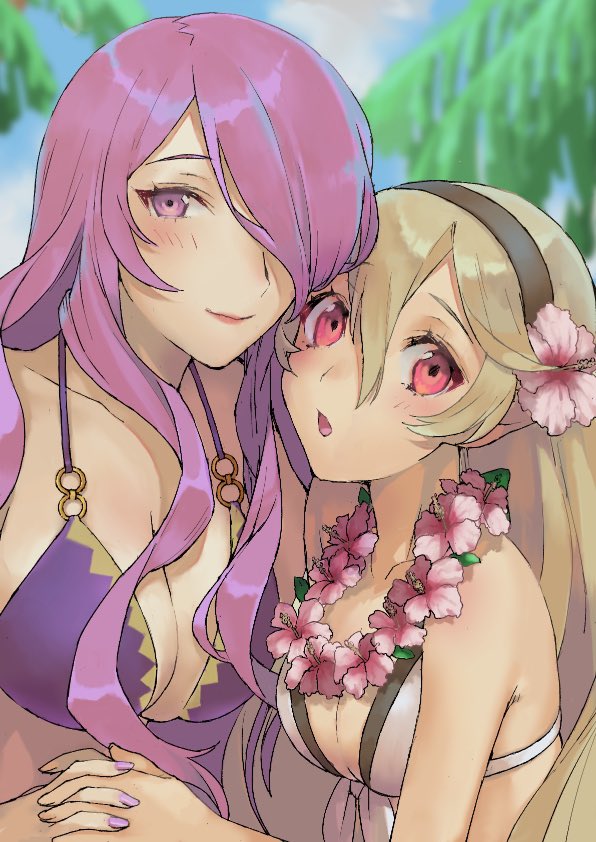 u7yrfedrjpe1cvb, camilla (fire emblem), camilla (tropical beauty) (fire emblem), female corrin (fire emblem), female corrin (novice vacationer) (fire emblem), fire emblem, fire emblem fates, fire emblem heroes, nintendo, 2girls, beach, bikini, blush, breasts, cleavage, dragon girl, flower, flower necklace, hair flower, hair ornament, hair over one eye, hairband, holding hands, jewelry, large breasts, lei, multiple girls, necklace, official alternate costume, one eye covered, outdoors, palm tree, pointy ears, purple eyes, purple hair, red eyes, swimsuit, tree, white hair
