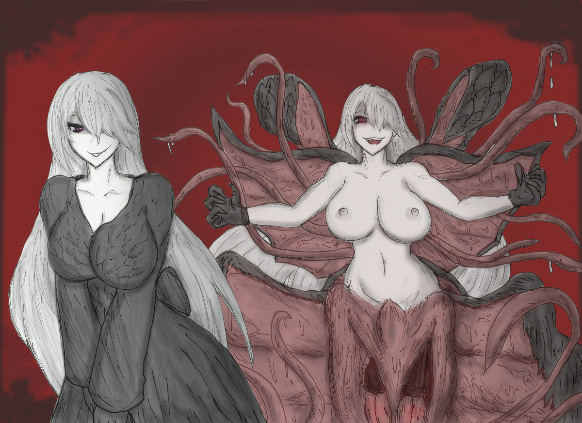 herudrone, iron maiden (shrift), mon-musu quest!, mon-musu quest: paradox, shrift, black dress, breasts, breasts out, demon girl, dress, grey hair, nipples, purple eyes, tentacles