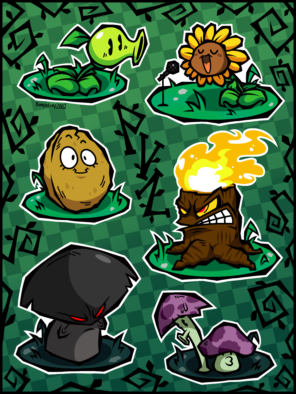 bumpadump2002, doom-shroom (plants vs. zombies), peashooter (plants vs. zombies), puff-shroom (plants vs. zombies), scaredy-shroom (plants vs. zombies), sunflower (plants vs. zombies), torchwood (plants vs. zombies), wall-nut (plants vs. zombies), plants vs. zombies, commentary, english commentary, highres, angry, artist name, black border, blush, blush stickers, border, checkered background, clenched teeth, closed eyes, colored sclera, fire, flower, full body, grass, green background, leaf, microphone, microphone stand, mushroom, music, no humans, o3o, open mouth, outline, red eyes, singing, smile, sunflower, sweat, teeth, tree stump, u u, v-shaped eyes, white outline, yellow flower, yellow sclera