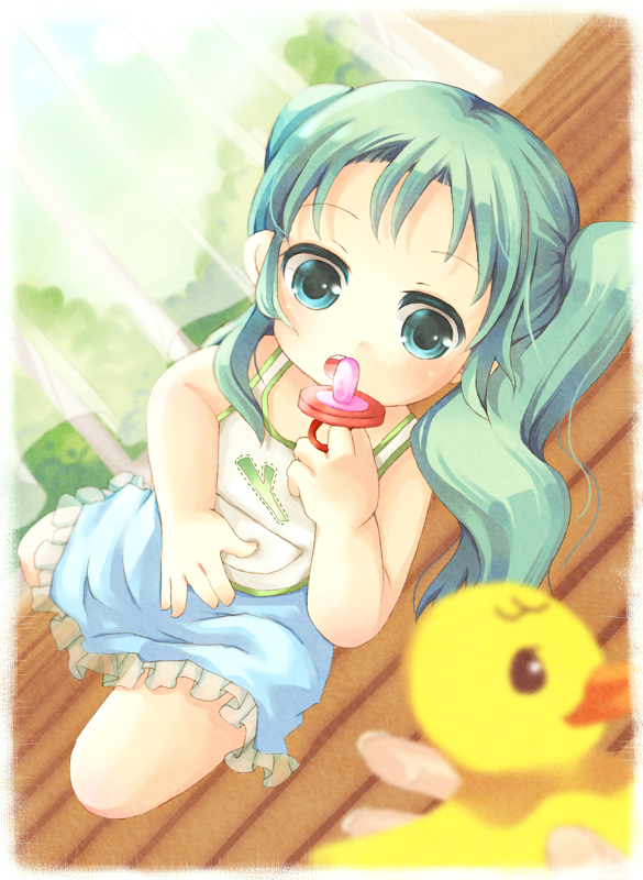 imoi (mizutama), imoi (pixiv55719), hatsune miku, vocaloid, bad id, bad pixiv id, 1girl, aged down, aqua eyes, aqua hair, baby, bib, blurry, child, depth of field, dutch angle, female focus, lying, on side, pacifier, pov, rubber duck, sitting, solo, spring onion, twintails