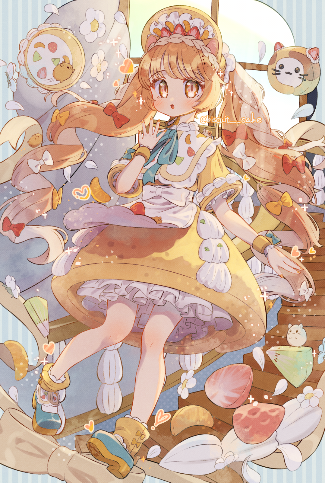 tsukumi bis, original, commentary, highres, symbol-only commentary, 1girl, apron, blonde hair, blush, bonnet, bow, dress, food, frilled dress, frills, fruit, full body, green ribbon, hair bow, hand up, long hair, neck ribbon, open mouth, orange (fruit), orange slice, red bow, ribbon, shoes, short sleeves, solo, standing, strawberry, twitter username, white apron, white bow, white shoes, yellow bonnet, yellow bow, yellow dress, yellow eyes