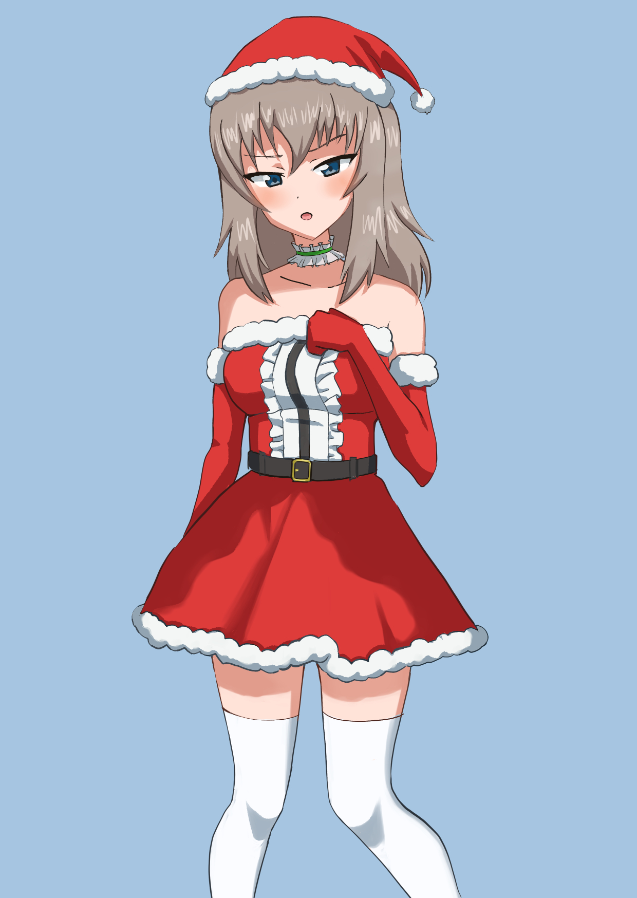 sesese mimi, itsumi erika, girls und panzer, commentary request, highres, 1girl, alternate costume, bare shoulders, blue background, blue eyes, blush, breasts, brown hair, choker, christmas, collarbone, dress, elbow gloves, frilled choker, frills, fur-trimmed dress, fur-trimmed gloves, fur trim, gloves, hair between eyes, hand on own chest, hat, lace, lace choker, long hair, looking at viewer, medium breasts, off shoulder, open mouth, red dress, red gloves, red skirt, santa costume, santa hat, simple background, skirt, solo, standing, thighhighs, white thighhighs, zettai ryouiki