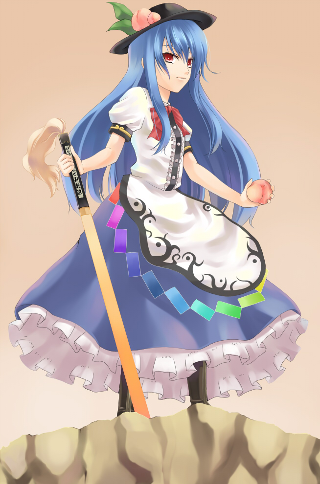tadokoro teppei, hinanawi tenshi, touhou, bad id, bad pixiv id, 1girl, blue hair, female focus, food, fruit, hat, long hair, peach, red eyes, solo, sword, sword of hisou, weapon