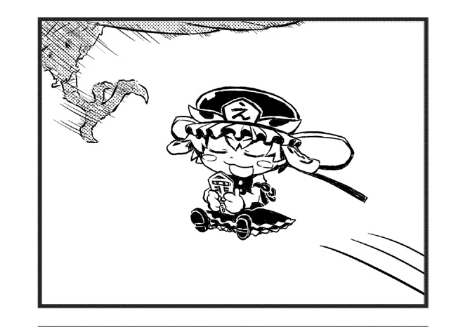 abua, shiki eiki, touhou, 1girl, bird, chibi, female focus, greyscale, hat, monochrome, short hair, solo, white background