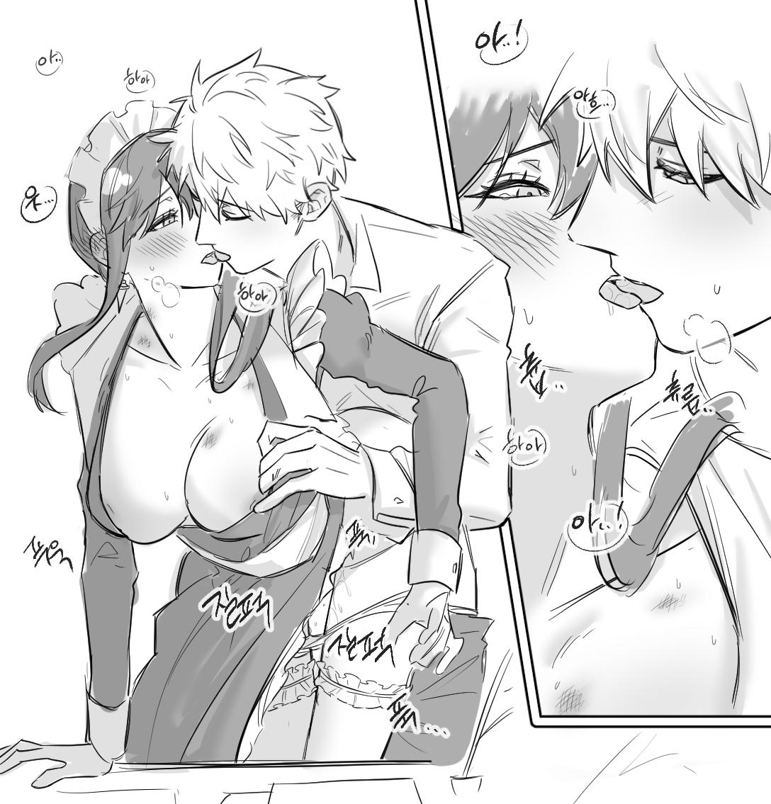 siro666b, twilight (spy x family), yor briar, spy x family, commentary request, korean commentary, 1boy, 1girl, alternate universe, blush, breasts, dress, drooling, french kiss, greyscale, heavy breathing, hetero, hickey, juliet sleeves, kiss, large breasts, long sleeves, maid, maid headdress, monochrome, panties, panty pull, puffy sleeves, saliva, sex, sex from behind, sidelocks, standing, standing sex, thighhighs, tongue, underwear