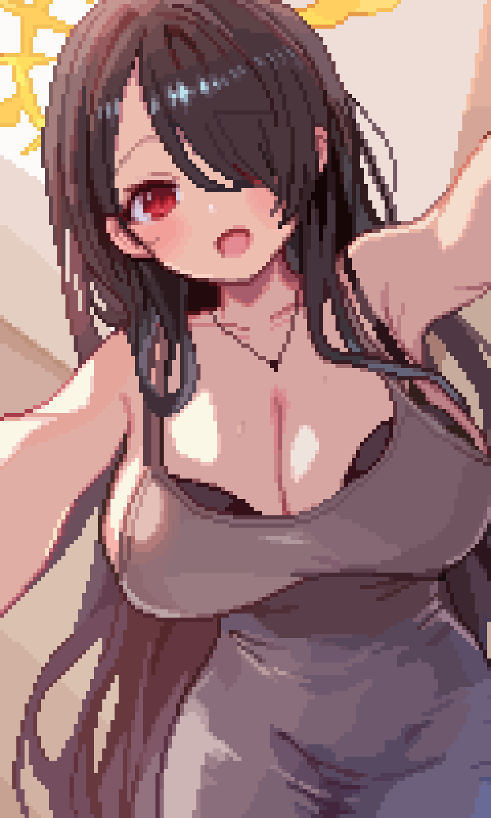 tinia etru, hinata (blue archive), blue archive, commentary, highres, 1girl, armpits, black bra, black hair, blush, bra, breasts, cleavage, collarbone, dress, grey dress, hair over one eye, halo, jewelry, large breasts, long hair, looking at viewer, necklace, open mouth, pixel art, red eyes, sleeveless, sleeveless dress, smile, solo, underwear, very long hair, yellow halo