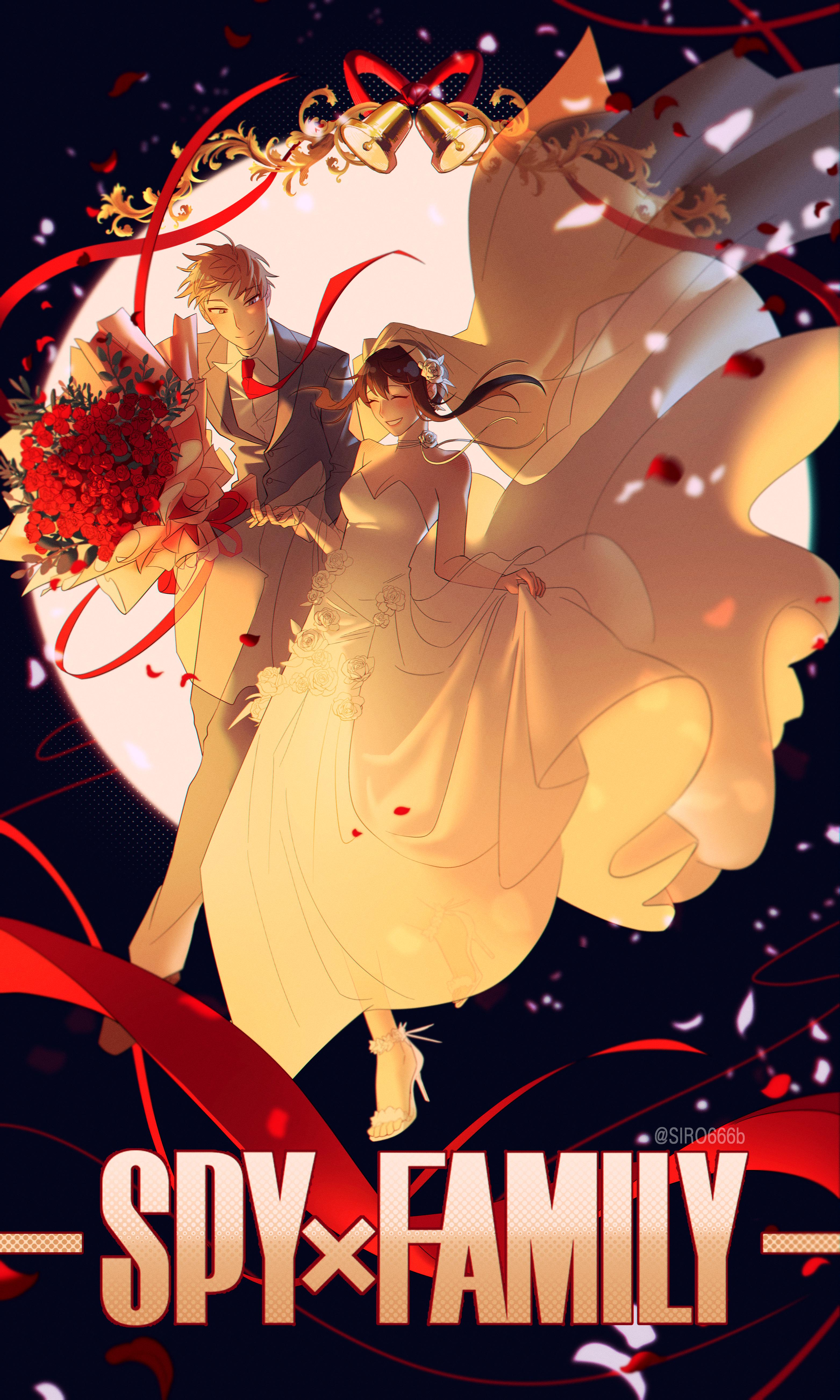 siro666b, twilight (spy x family), yor briar, spy x family, absurdres, commentary request, highres, korean commentary, 1boy, 1girl, bare shoulders, bell, black background, black hair, blonde hair, blush, bouquet, breasts, bridal veil, bride, choker, cleavage, closed eyes, closed mouth, copyright name, couple, dress, falling petals, floating clothes, floating hair, flower, flower choker, flower hairband, full body, hairband, high heels, holding, holding bouquet, holding hands, husband and wife, interlocked fingers, jacket, long dress, long hair, looking at another, medium breasts, necktie, pants, parted lips, petals, red flower, red necktie, red ribbon, red rose, ribbon, rose, shoes, short hair, sidelocks, smile, strapless, strapless dress, suit jacket, veil, wedding, wedding dress, white dress, white hairband, white petals, white shoes