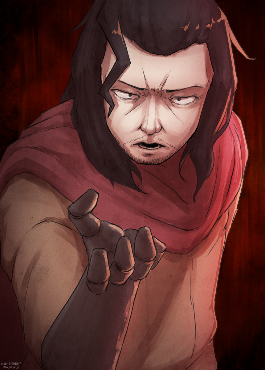 to kage p, lazarus (mon-musu quest), mon-musu quest!, mon-musu quest: paradox, black eyes, colored skin, facial hair, gloves, goat, goatee, mustache, scarf, scowl, white skin